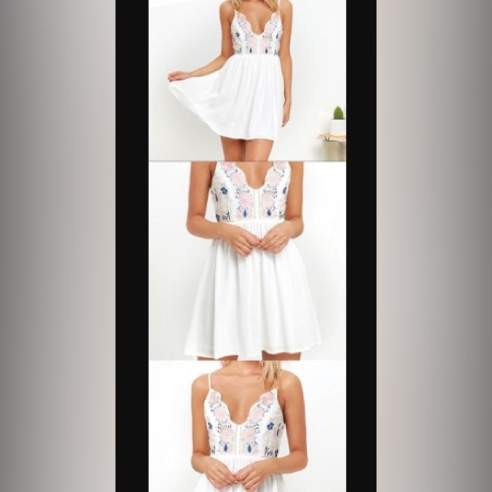 🆕NWT Lulu's white Spaghetti strap mini Dress with Embroidery